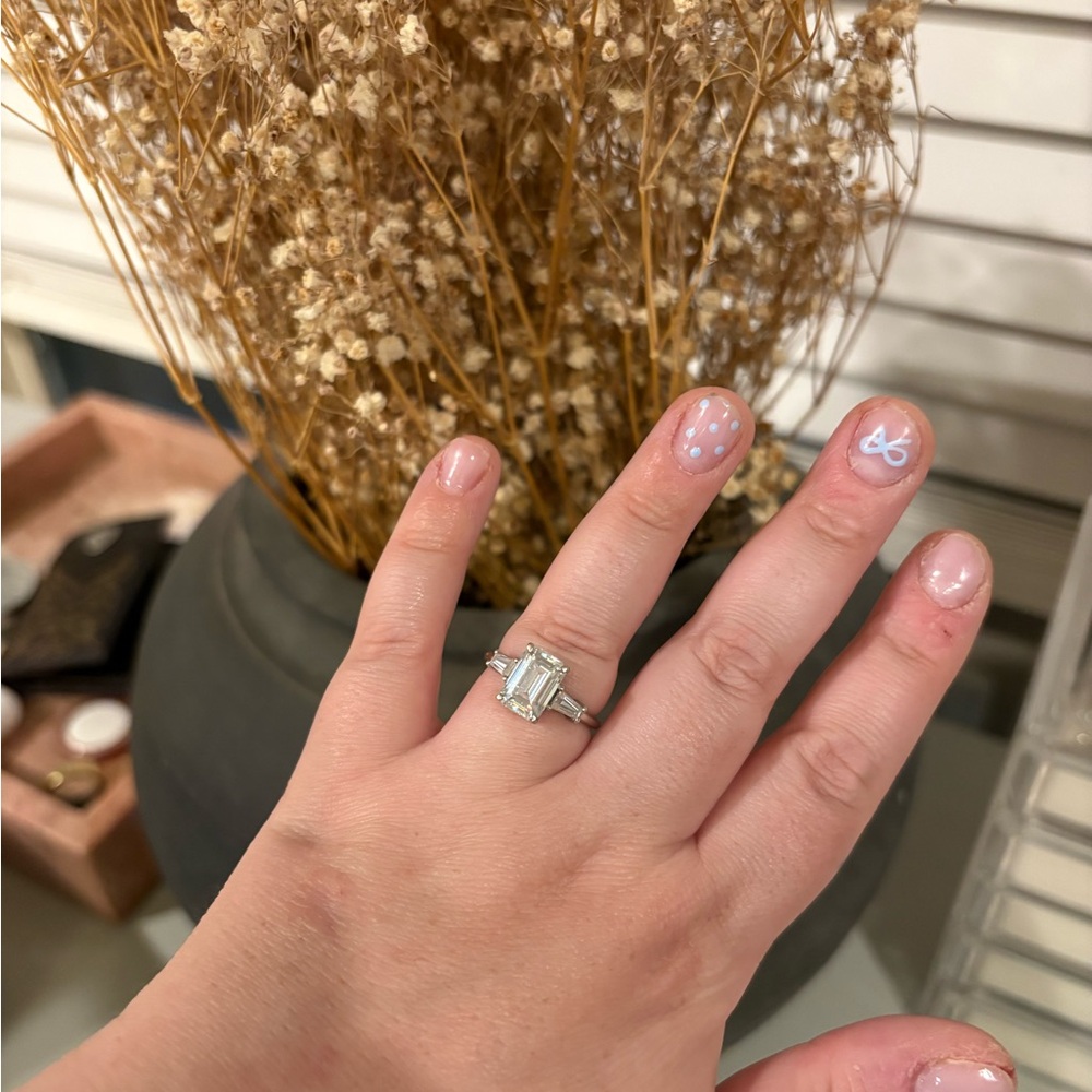 3 carat 10K white gold baguette emerald cut three stone moissanite ring